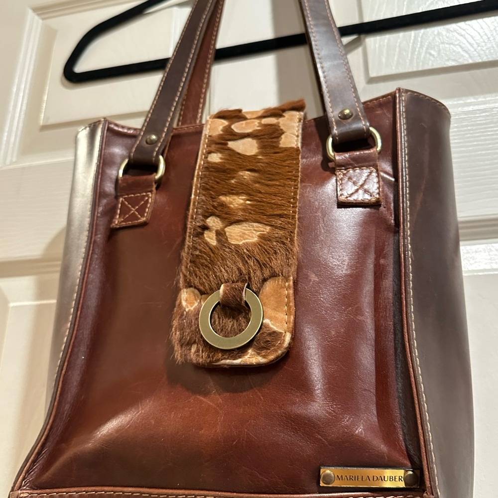Mariela Dauber Brown Leather Tote Bag with Cowhide Details vintage